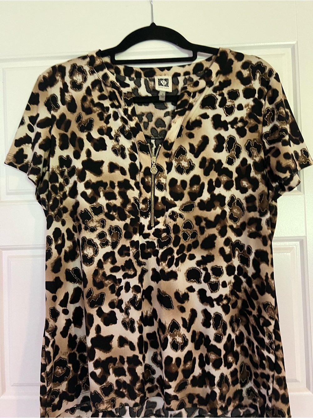 Anne Klein Short Sleeve Leopard Print Top - Tan/Black